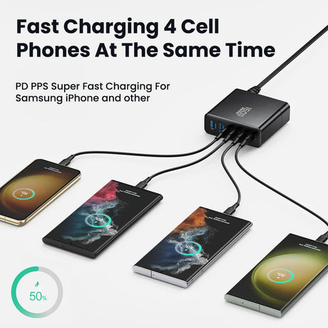 Multi-port fast charging device connected to four smartphones simultaneously.