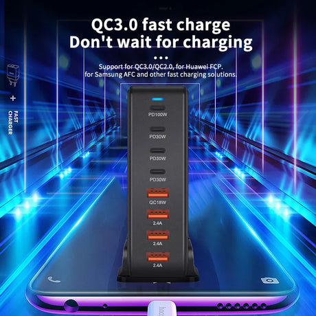 Multi-port fast charging station with QC3.0 technology and various power outputs.