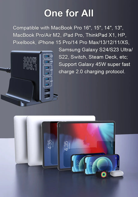 Multi-port charging hub compatible with various devices including MacBooks, iPads, iPhones, and other electronics.