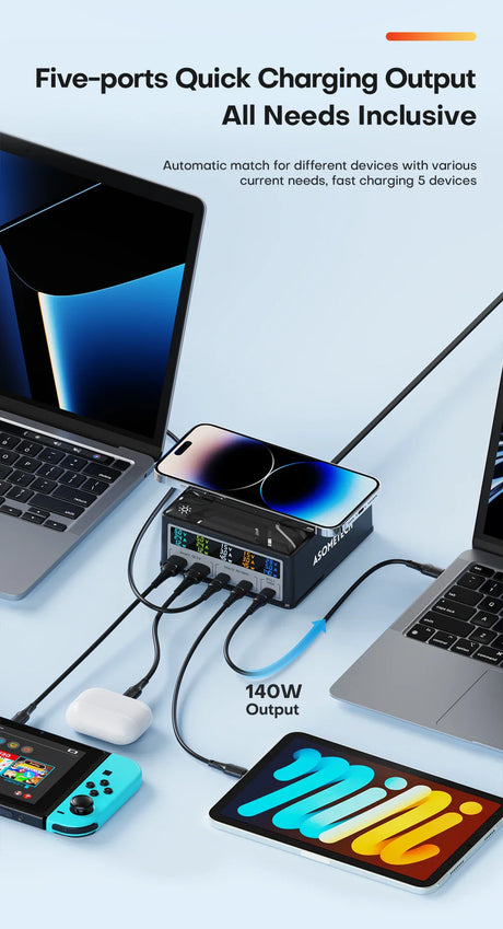 Multi-port charging hub connected to various electronic devices including laptops, a smartphone, and a gaming controller.