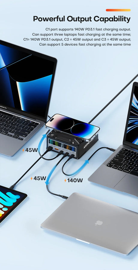 Multi-port charging hub connected to various electronic devices, showcasing its powerful output capabilities.