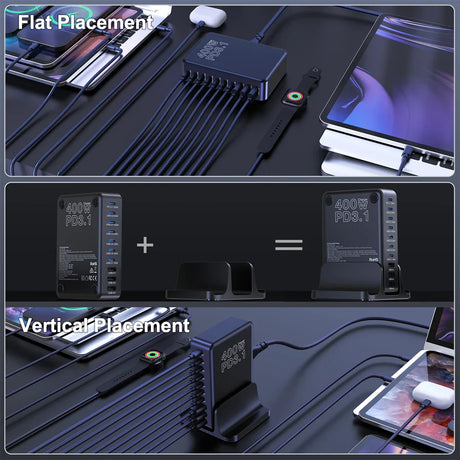 Multi-port charging hub with flat and vertical placement options for electronic devices.