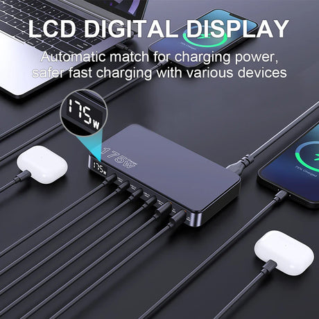 Multi-port charging hub with an LCD display showing power output.