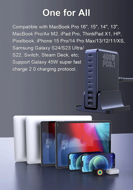 Multi-port charging station with 400W PD3.1 capability, compatible with various devices including MacBooks, iPads, iPhones, and other brands.