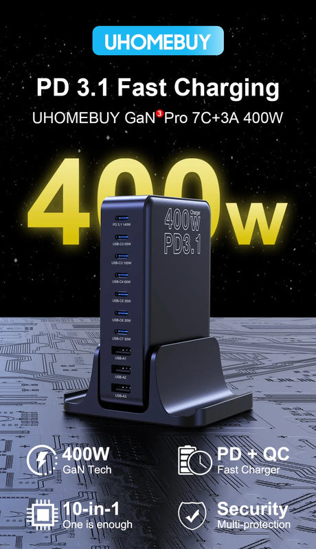 Multi-port charging station with 400W power delivery capability and GaN technology.