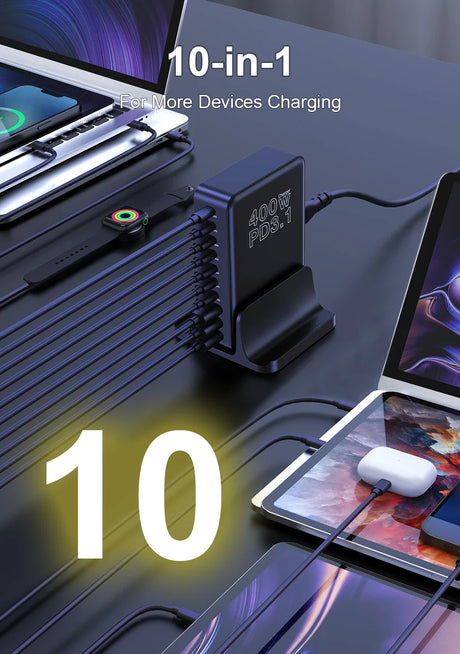 Multi-port charging station capable of powering up to 10 devices simultaneously.