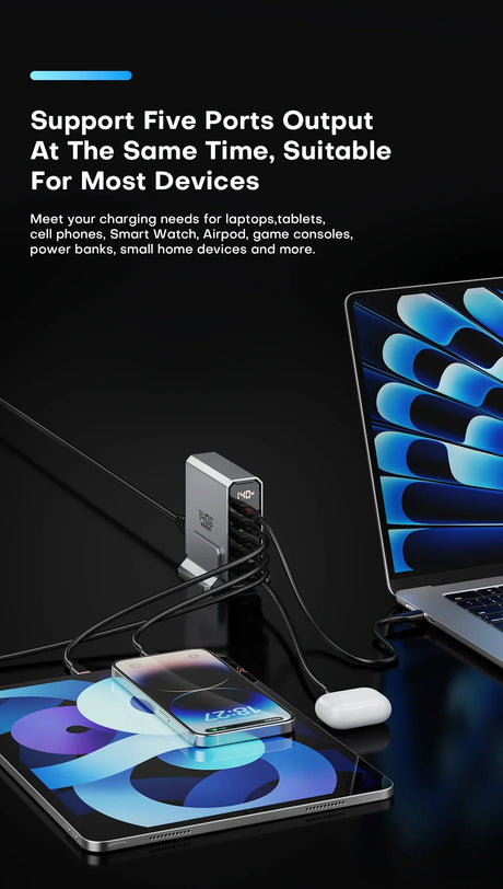 Multi-port charging station capable of simultaneously powering various electronic devices.