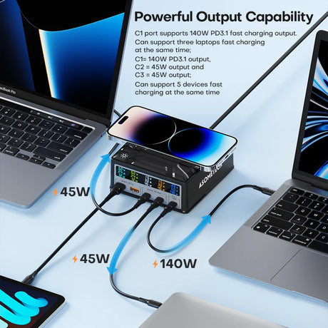 Multi-port charging station with digital display capable of fast-charging multiple devices simultaneously.