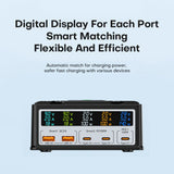Multi-port charging station with digital displays showing voltage and amperage for each port.
