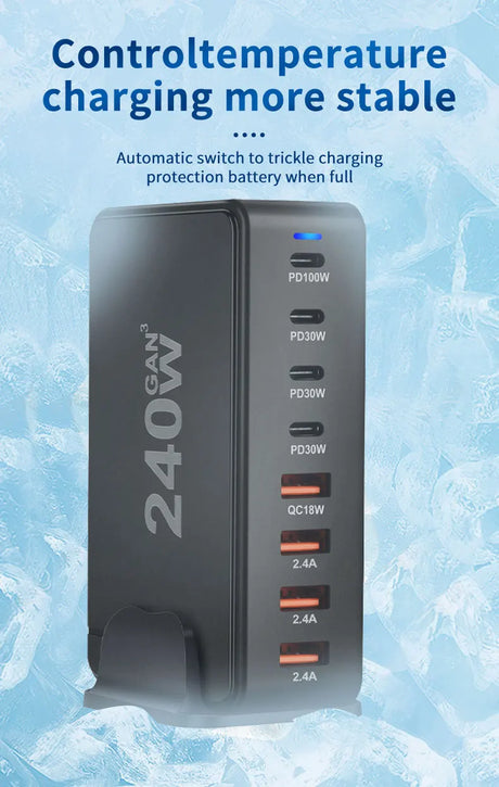 Multi-port charging station with various power output options and temperature control features.