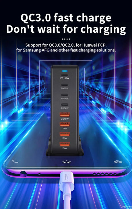 Multi-port charging station with QC3.0 fast charging capability.