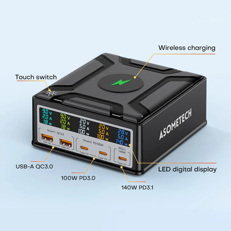 Multi-port charging station with wireless charging capability and LED display.