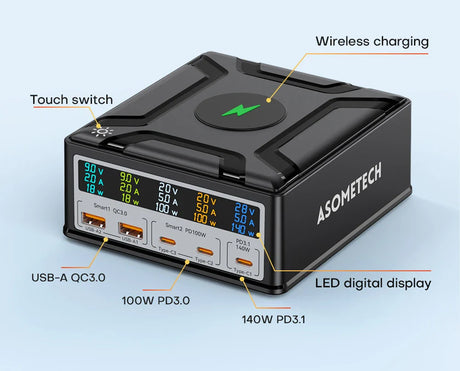 Multi-port charging station with wireless charging capability and LED display.