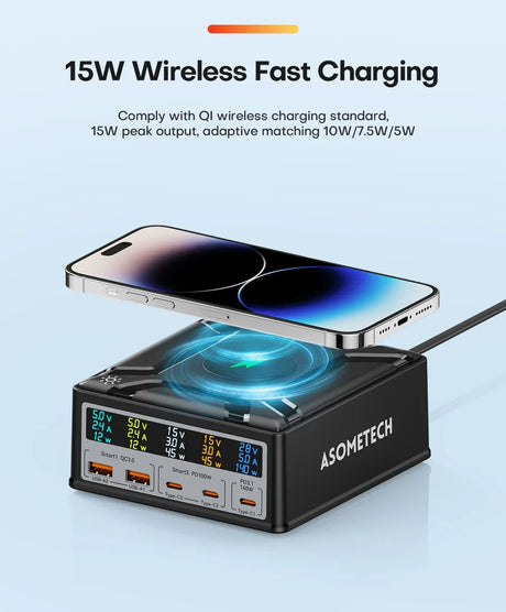 Multi-port charging station with wireless charging pad on top and digital display showing power outputs.