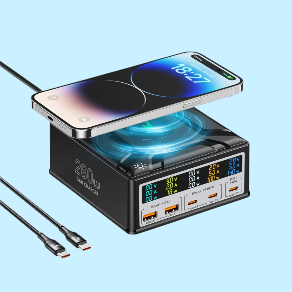 Multi-port charging station with wireless charging pad and digital display showing power output information.