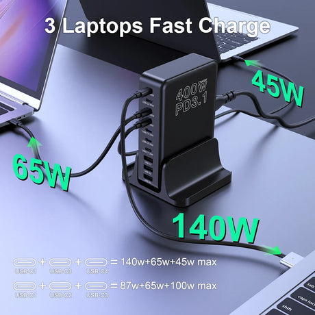 Multi-port USB-C charger capable of fast-charging three laptops simultaneously.