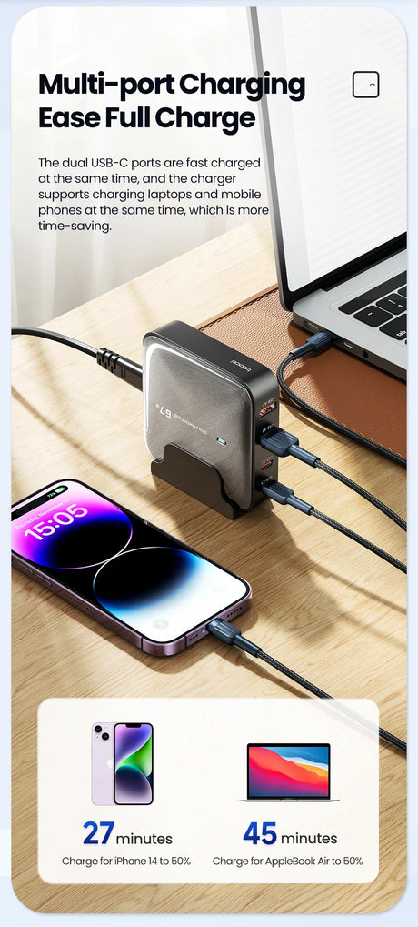 Multi-port USB-C charging device connected to a laptop and smartphone.