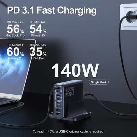 Multi-port USB-C fast charging device capable of 140W power delivery.