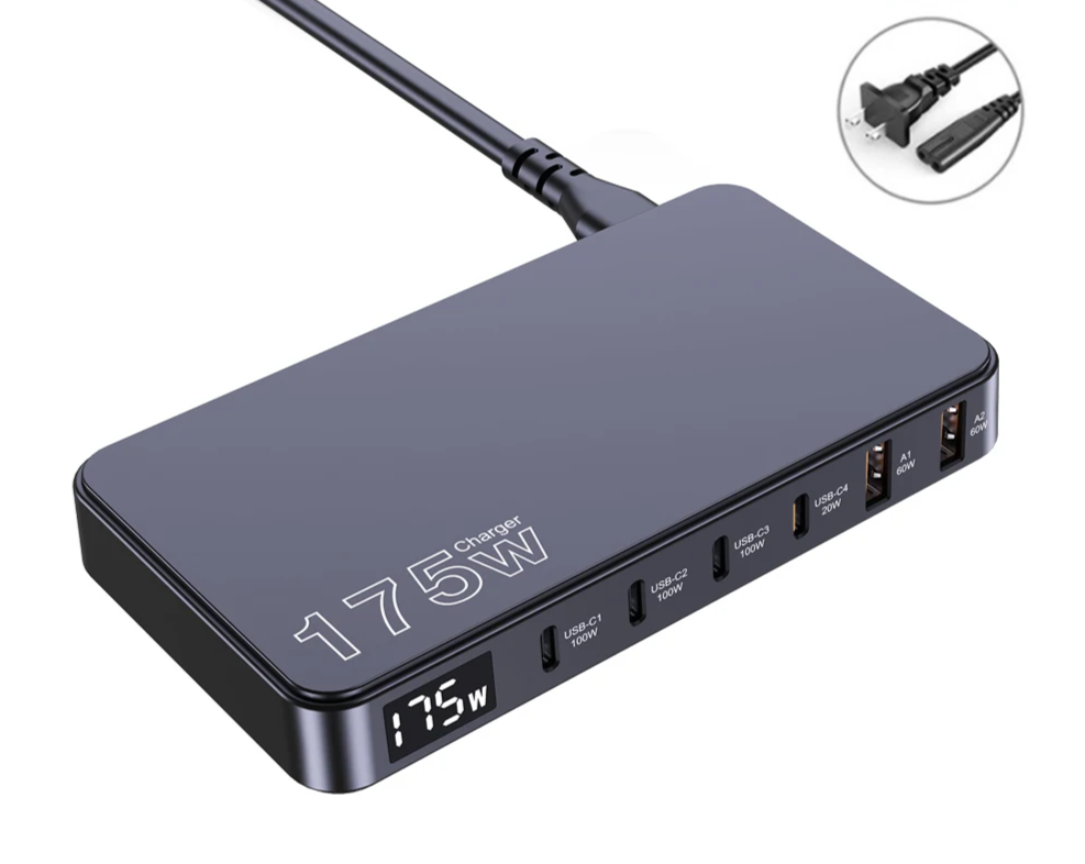 Multi-port USB-C charging hub with 175W power output and digital display.