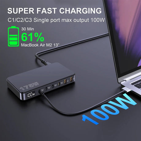 Multi-port USB-C charging hub with digital display and fast charging capability.