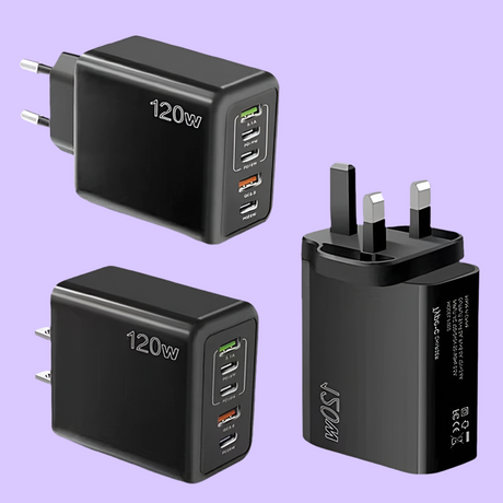 Multi-port USB charger adapter with 120W power output.