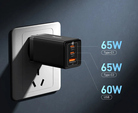 Multi-port USB charger adapter plugged into a wall socket.