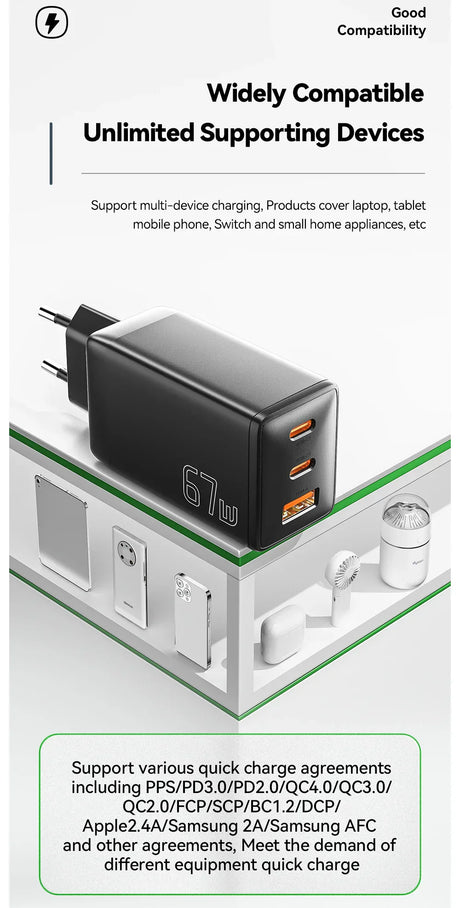 Multi-port USB charger adapter with fast charging capabilities.
