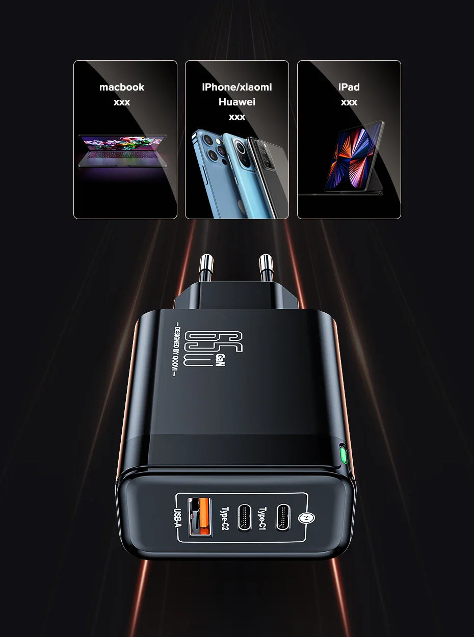 Multi-port USB charger adapter with fast charging capability.