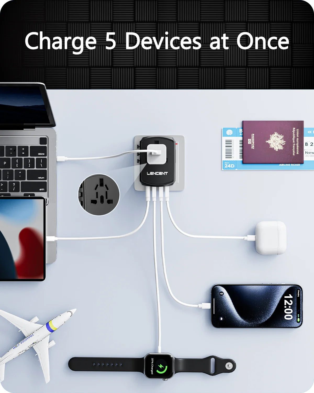 Multi-port USB charger capable of charging five devices simultaneously.