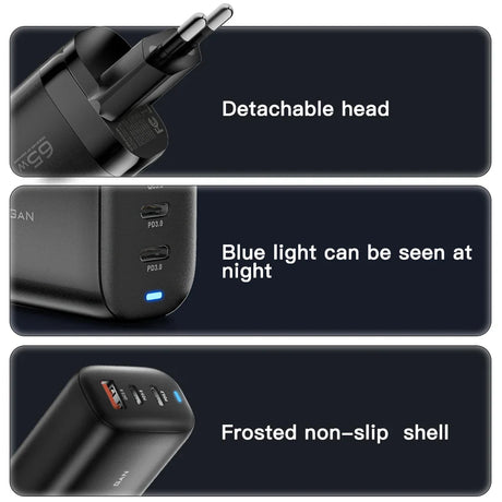 Multi-port USB charger with detachable plug, blue indicator light, and textured non-slip exterior.