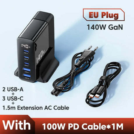 Multi-port USB charger with EU plug and 140W GaN technology.