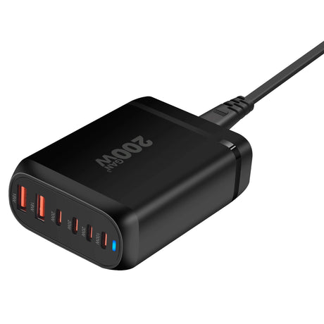 Multi-port USB charger with five charging ports and a power cable.