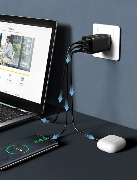 Multi-port USB charger with flexible cables connecting to various devices.