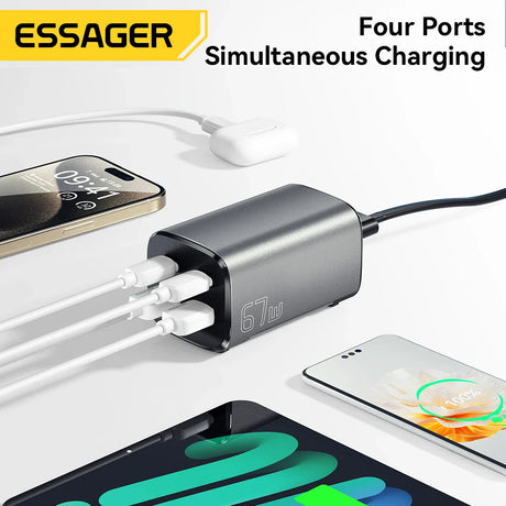 Multi-port USB charger with four charging ports capable of simultaneous charging.