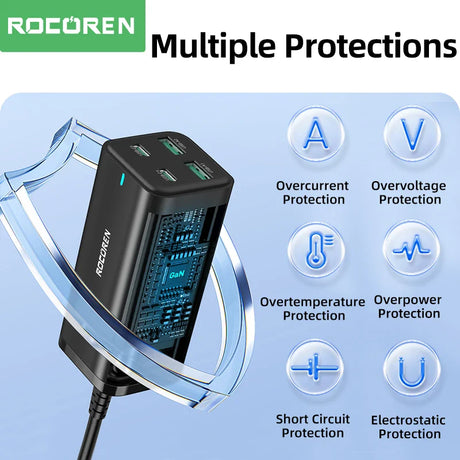 Multi-port USB charger with internal circuitry visible and multiple protection features highlighted.