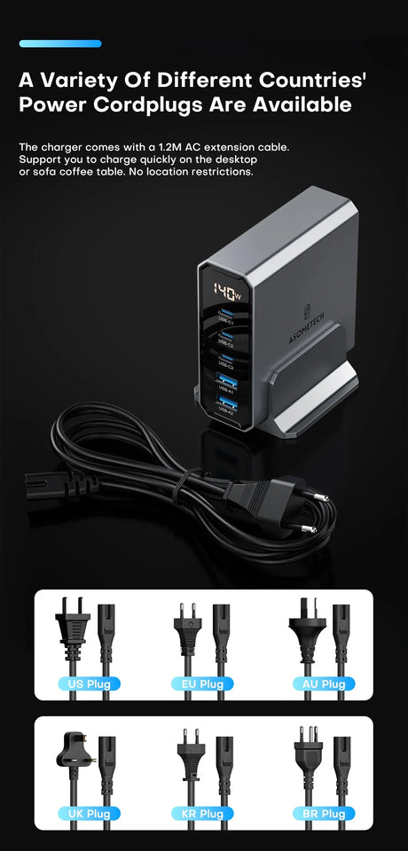 Multi-port USB charger with various international power plug adapters.