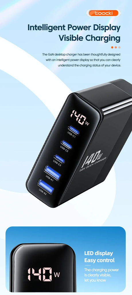 Multi-port USB charger with an LED display showing power output.
