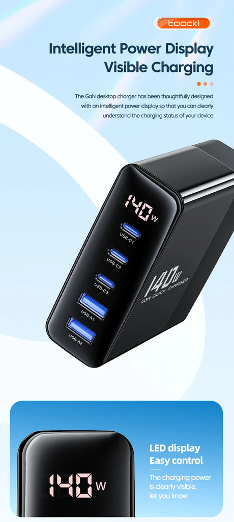 Multi-port USB charger with an LED display showing power output.