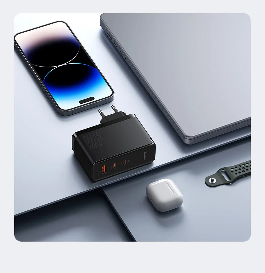 Multi-port USB charger with orange-lit charging indicators.