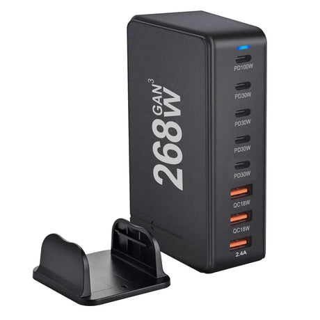 Multi-port USB charger with ’268W’ branding and various power output options.