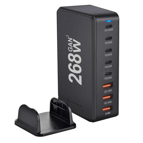 Multi-port USB charger with ’268W’ branding and various power output options.