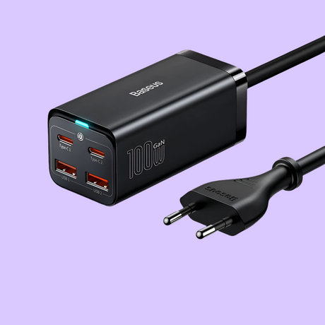 Multi-port USB charger with power cord and European-style plug.