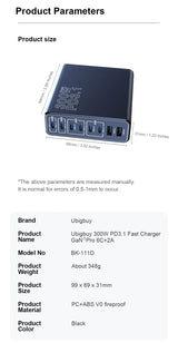 Multi-port USB charger with product specifications and dimensions listed.