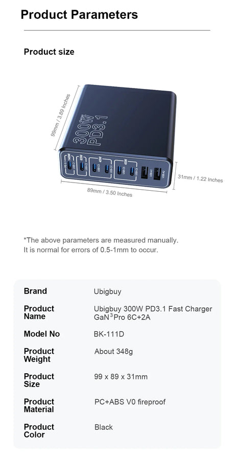 Multi-port USB charger with product specifications and dimensions listed.