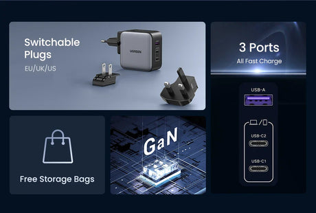 Multi-port USB charger with switchable international plugs and GaN technology.