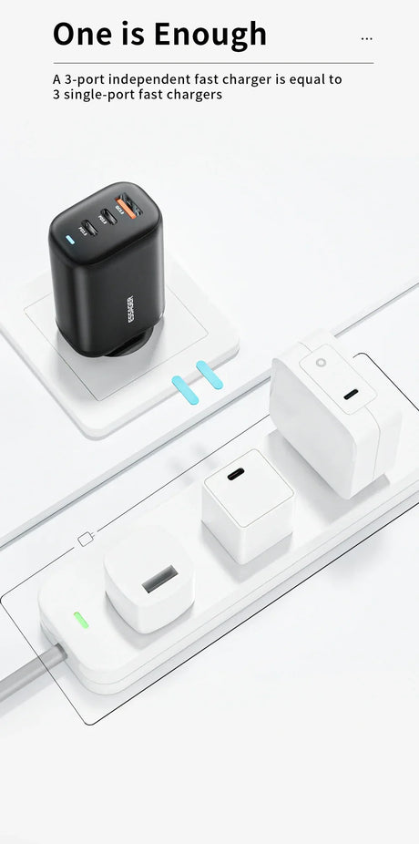Multi-port USB charger with three charging ports.