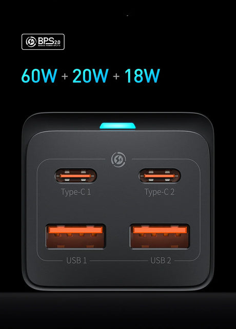 Multi-port USB charger with two USB-C and two USB-A ports, featuring a total power output of 98W.