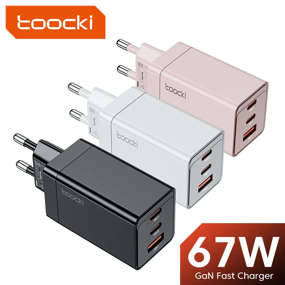 Multi-port USB chargers in black, white, and pink colors featuring 67W GaN fast charging technology.