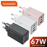 Multi-port USB chargers in black, white, and pink colors featuring 67W GaN fast charging technology.