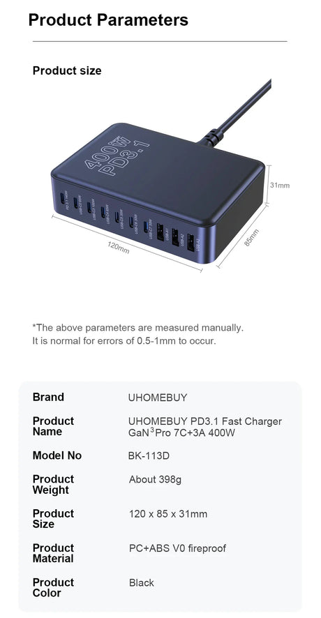 Multi-port USB charging device with a black rectangular body and multiple USB ports on one side.